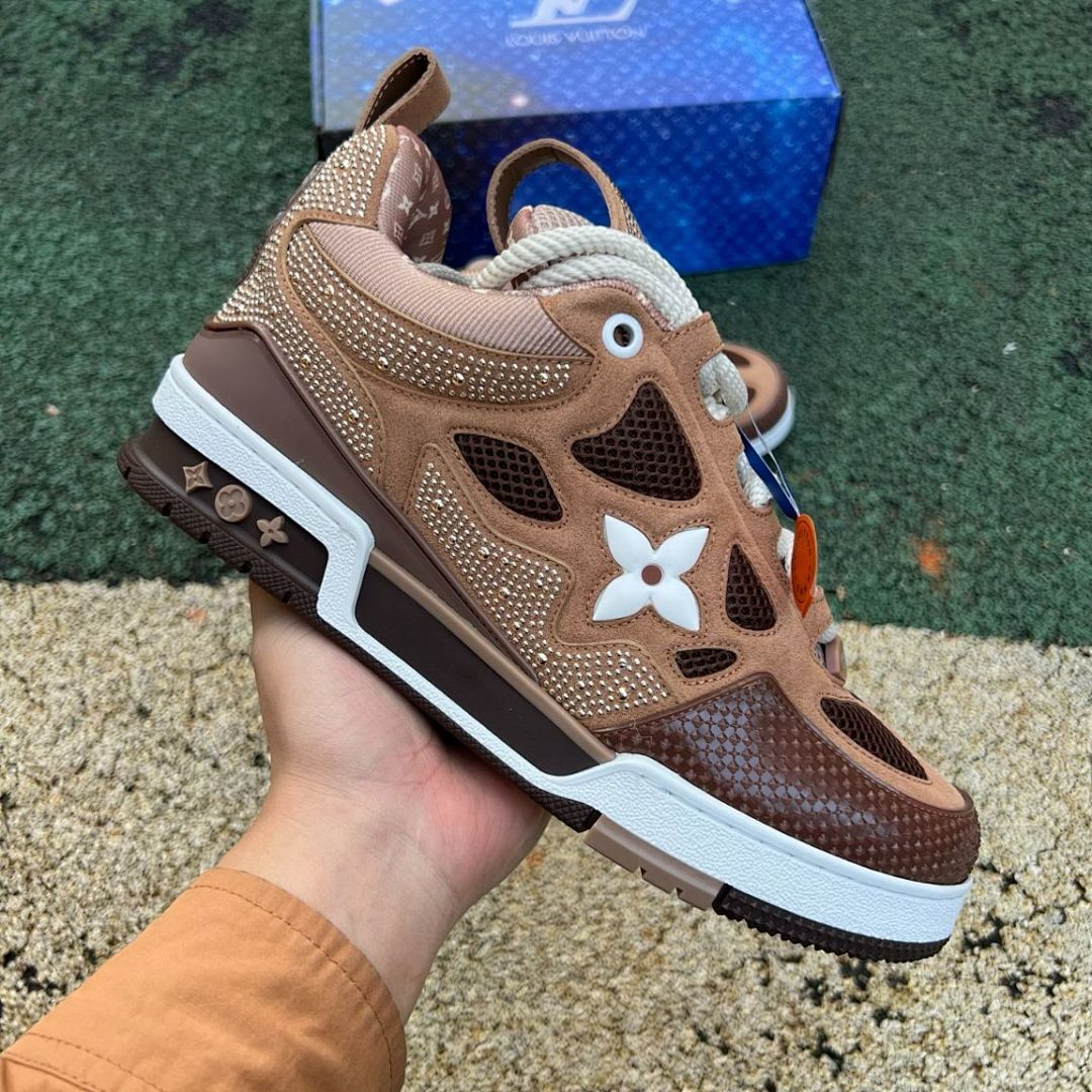 Louis Vuitton LV Trainer Crystal Strass Studded Brown Suede Sneakers 1A9Z62