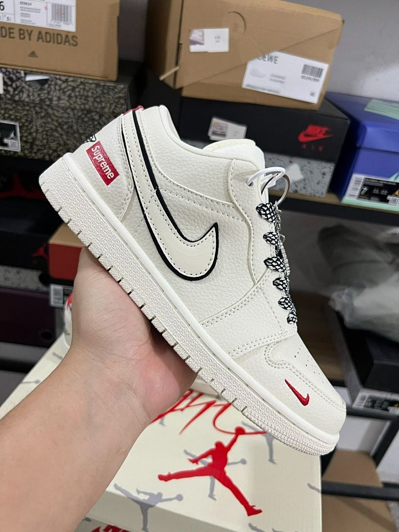 Nike Air Jordan 1 Low Supreme Sail Red Mini Swoosh Black Outline