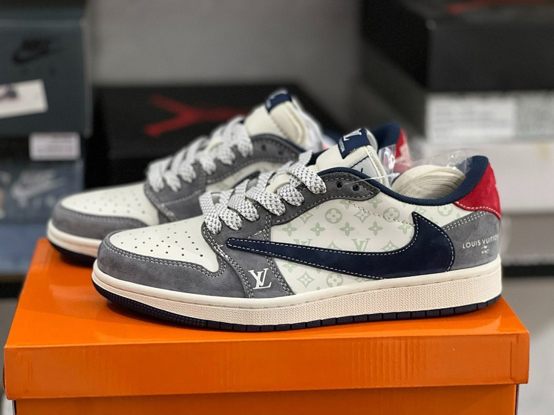 Air Jordan 1 Low LV Monogram Grey White Navy Red Sneakers