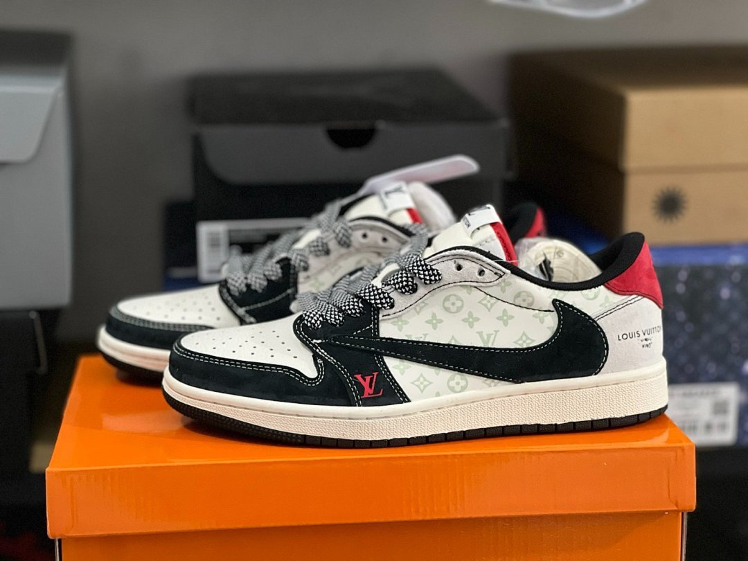Jordan 1 Low Travis Scott Louis Vuitton LV Monogram Custom Sneakers Black White Red