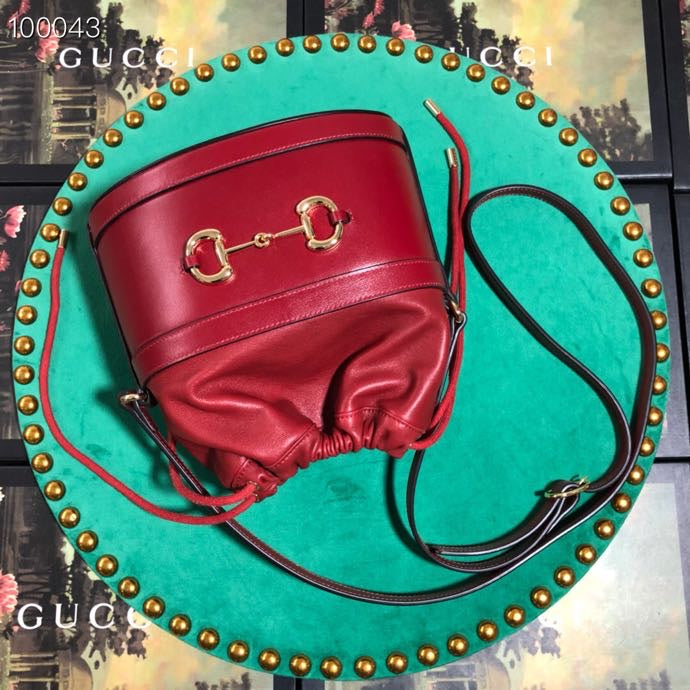 Gucci Vintage Style Red Leather Drawstring Bucket Bag with Gold Hardware