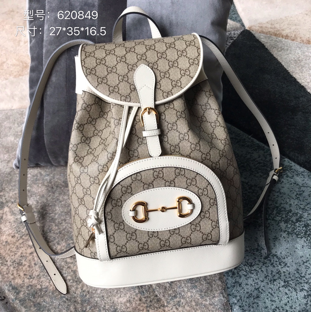 Gucci Vintage Monogram Backpack with White Leather Trim and Horsebit