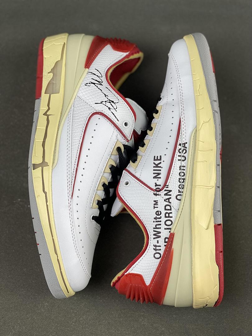 Off-White x Air Jordan 2 Retro Low SP White Varsity Red DJ4375-106 Michael Jordan Signature Aged Sole Sneakers