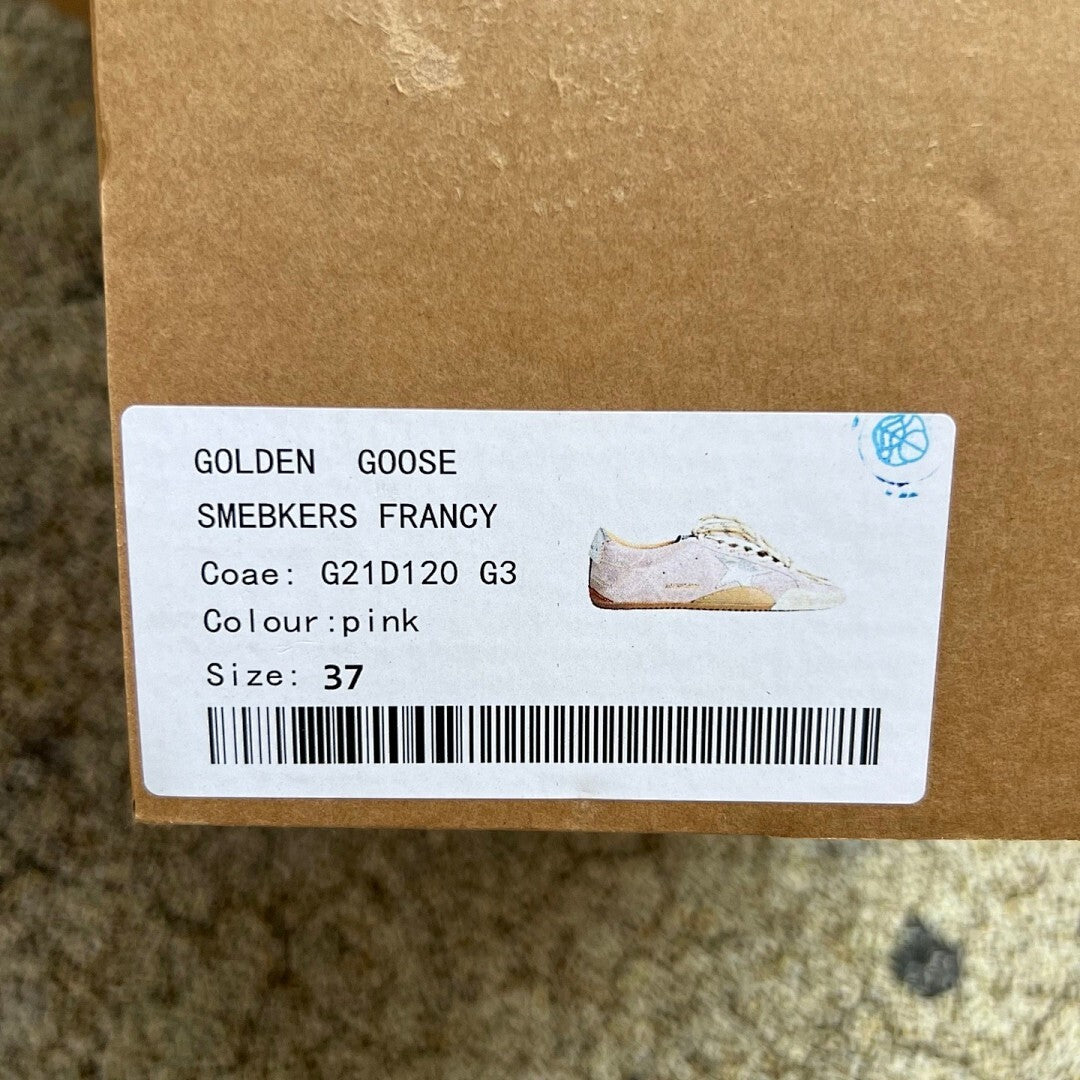 Golden Goose Super-Star Low-Top Sneakers Dusty Pink Suede Metallic Silver Star Navy Striped Laces