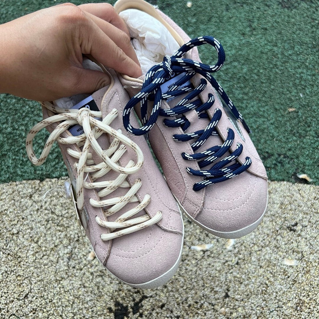 Golden Goose Super-Star Low-Top Sneakers Dusty Pink Suede Metallic Silver Star Navy Striped Laces