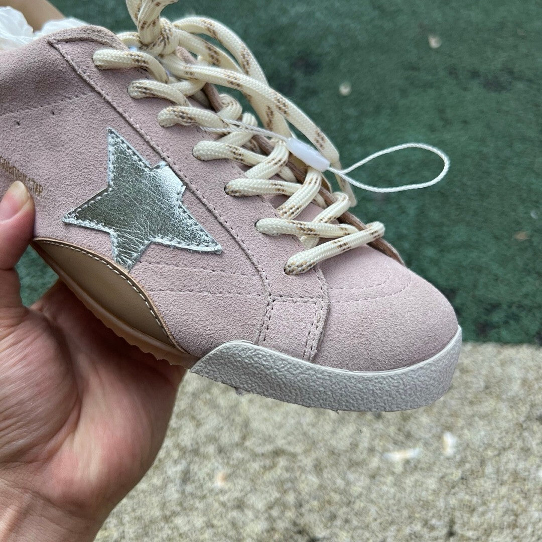 Golden Goose Super-Star Low-Top Sneakers Dusty Pink Suede Metallic Silver Star Navy Striped Laces