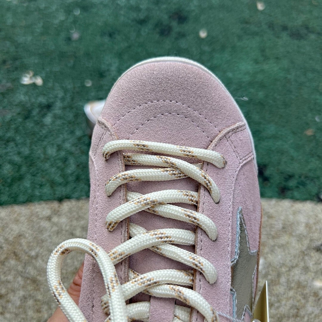 Golden Goose Super-Star Low-Top Sneakers Dusty Pink Suede Metallic Silver Star Navy Striped Laces