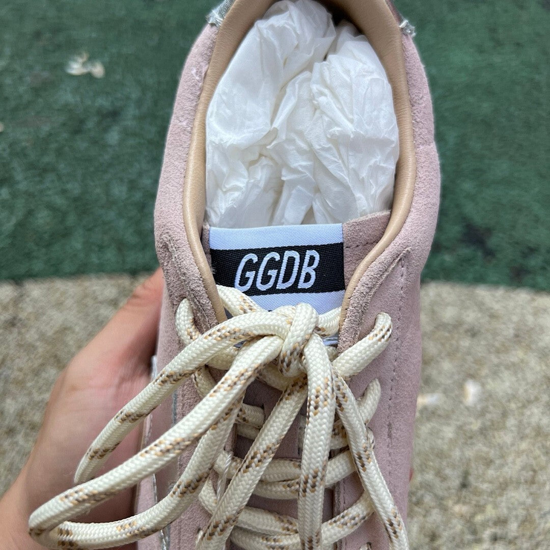 Golden Goose Super-Star Low-Top Sneakers Dusty Pink Suede Metallic Silver Star Navy Striped Laces
