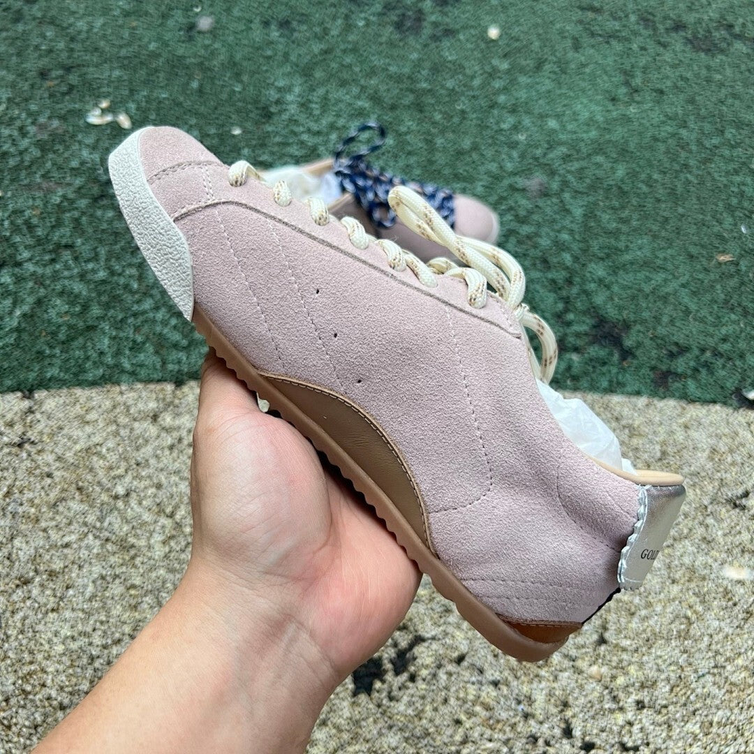 Golden Goose Super-Star Low-Top Sneakers Dusty Pink Suede Metallic Silver Star Navy Striped Laces
