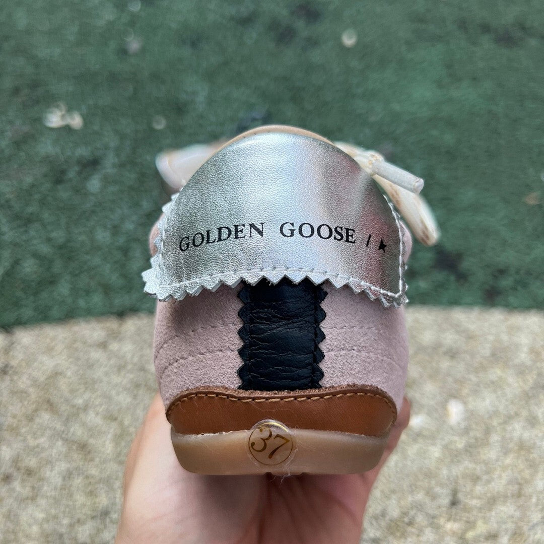 Golden Goose Super-Star Low-Top Sneakers Dusty Pink Suede Metallic Silver Star Navy Striped Laces