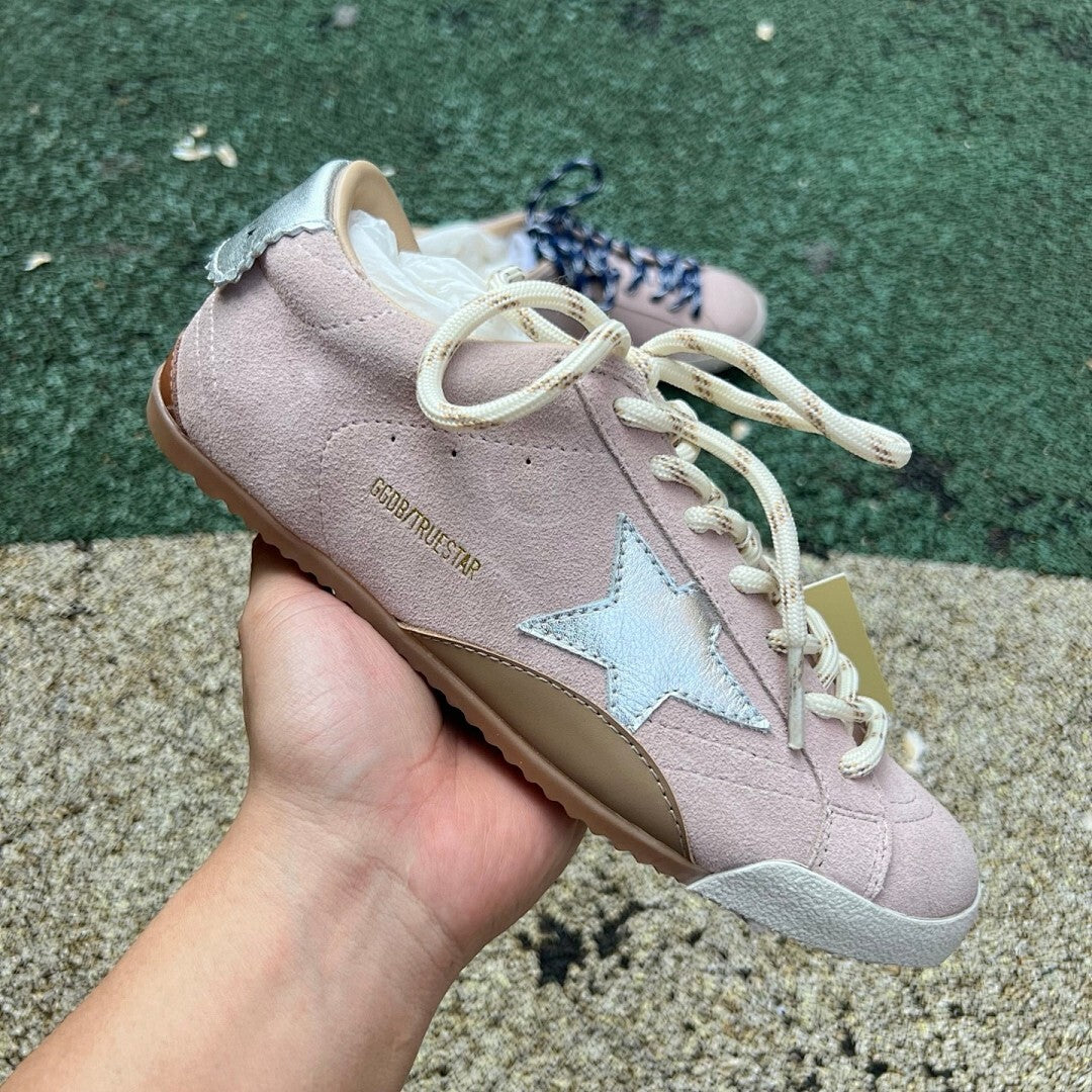 Golden Goose Super-Star Low-Top Sneakers Dusty Pink Suede Metallic Silver Star Navy Striped Laces