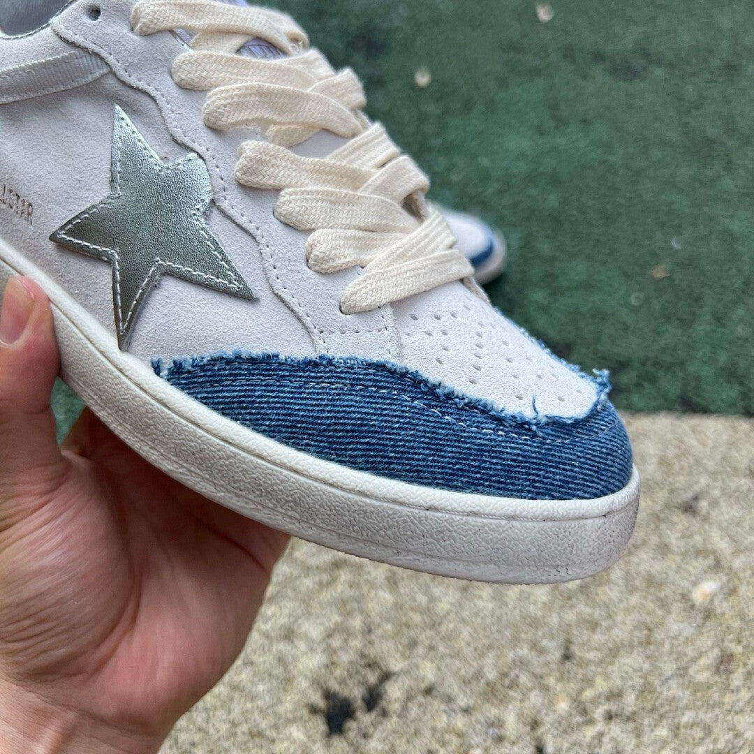 Golden Goose Ball Star White Suede Blue Distressed Denim Silver Star Low Top Sneakers