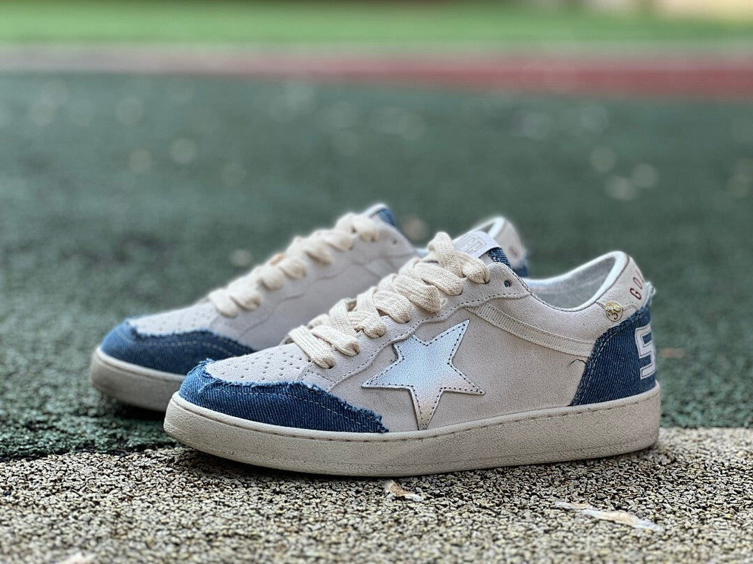 Golden Goose Ball Star White Suede Blue Distressed Denim Silver Star Low Top Sneakers