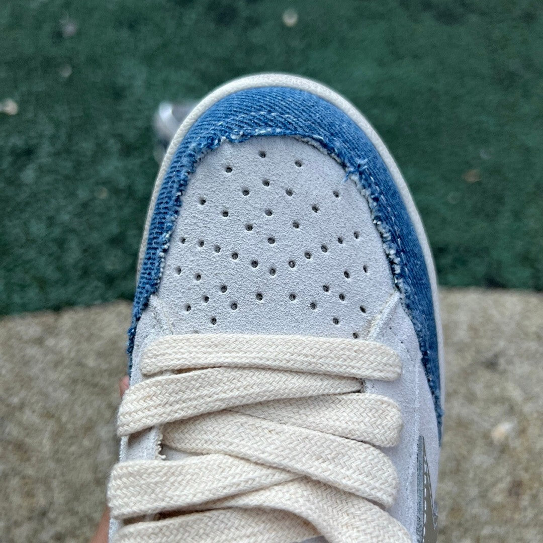 Golden Goose Ball Star White Suede Blue Distressed Denim Silver Star Low Top Sneakers