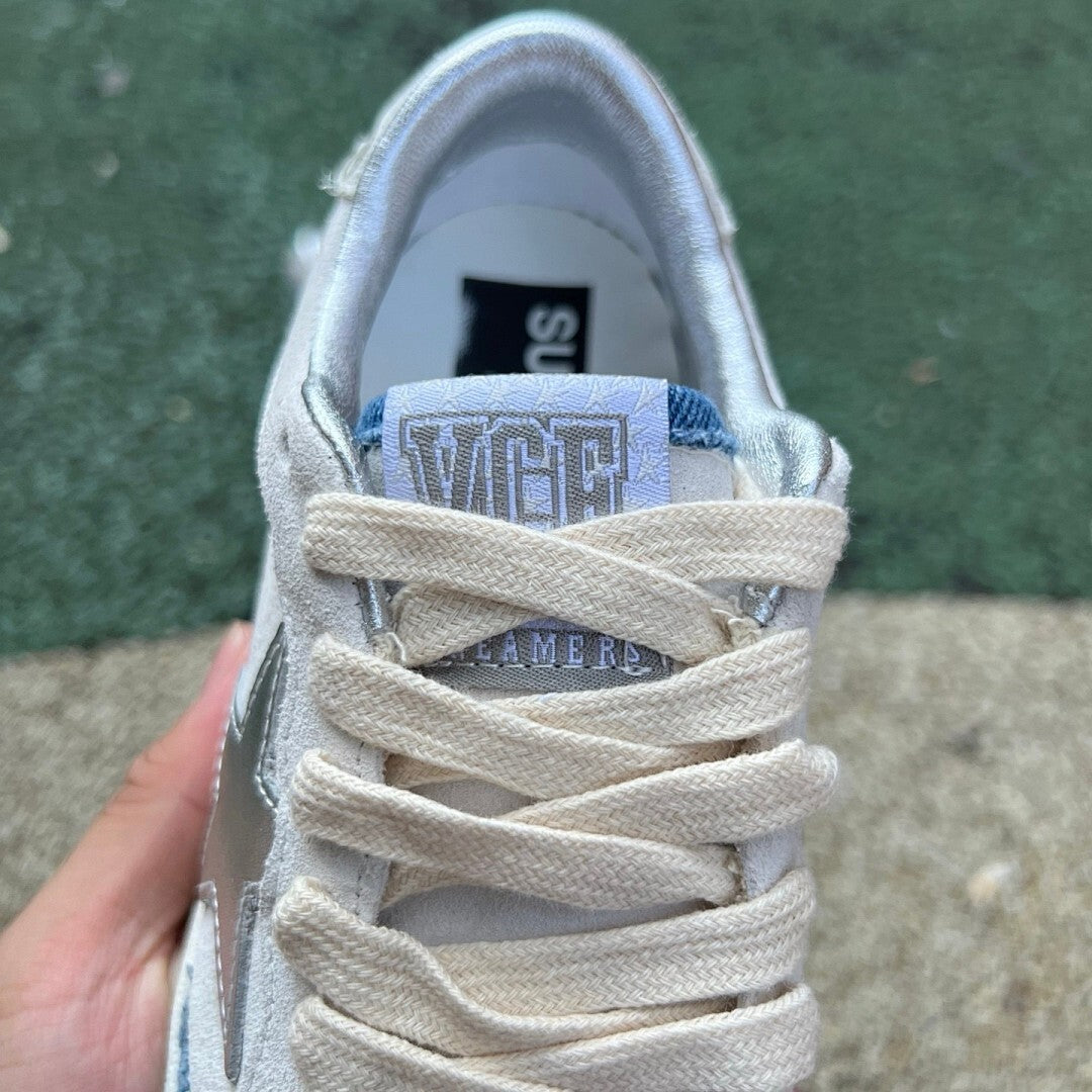 Golden Goose Ball Star White Suede Blue Distressed Denim Silver Star Low Top Sneakers
