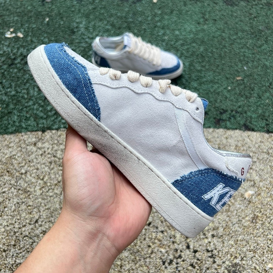 Golden Goose Ball Star White Suede Blue Distressed Denim Silver Star Low Top Sneakers