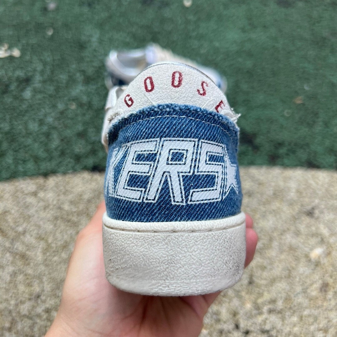 Golden Goose Ball Star White Suede Blue Distressed Denim Silver Star Low Top Sneakers