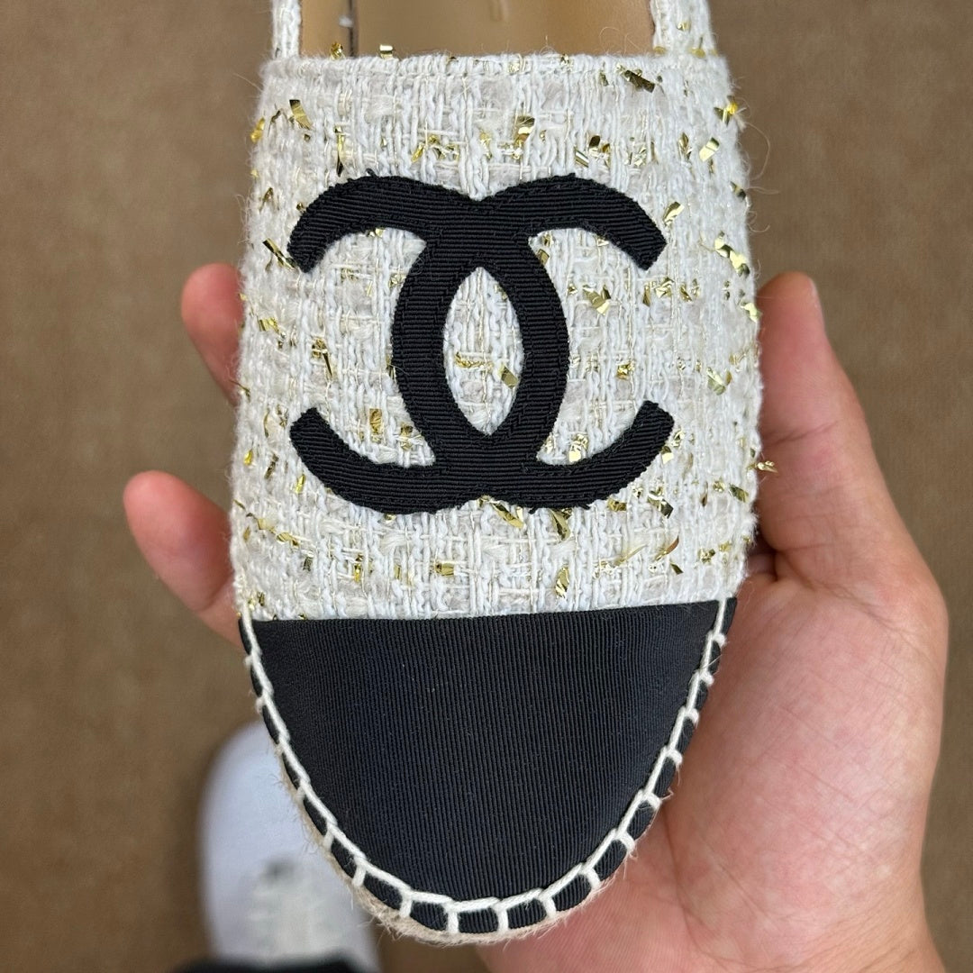 Chanel Ecru and Gold-Tone Tweed Espadrilles with Black Cap Toe and CC Logo