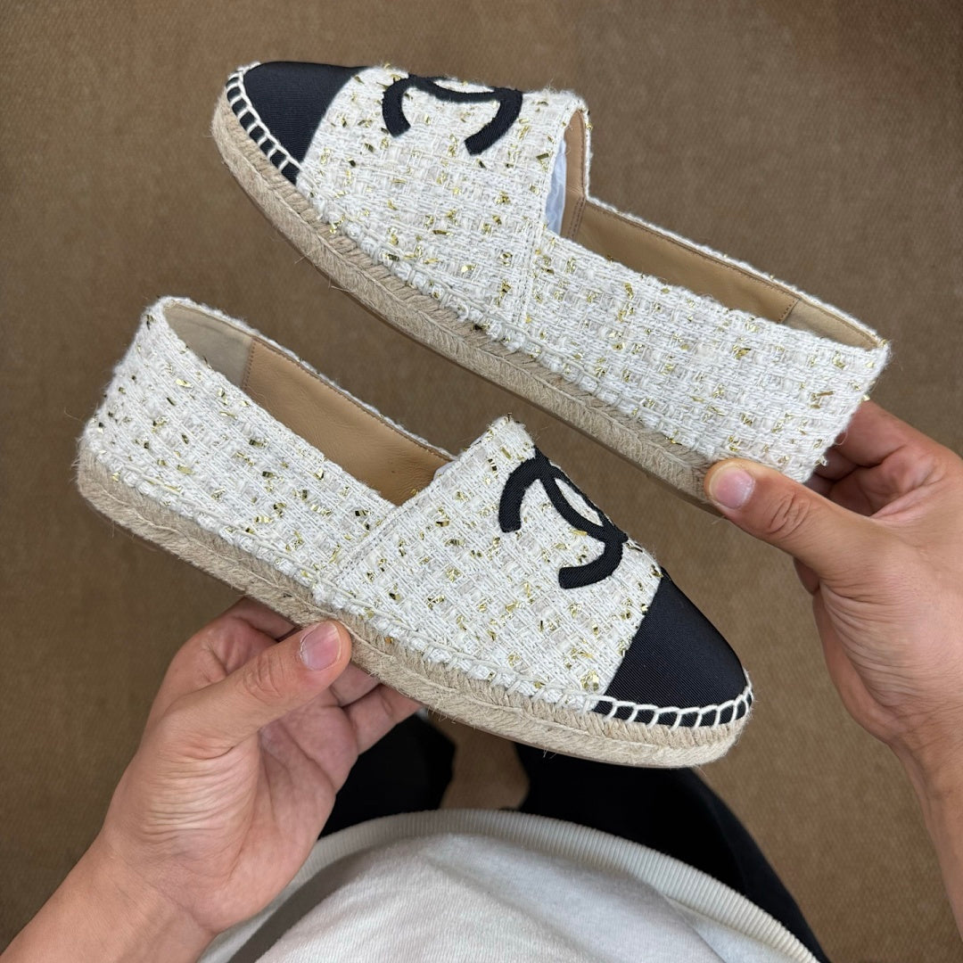 Chanel Ecru and Gold-Tone Tweed Espadrilles with Black Cap Toe and CC Logo
