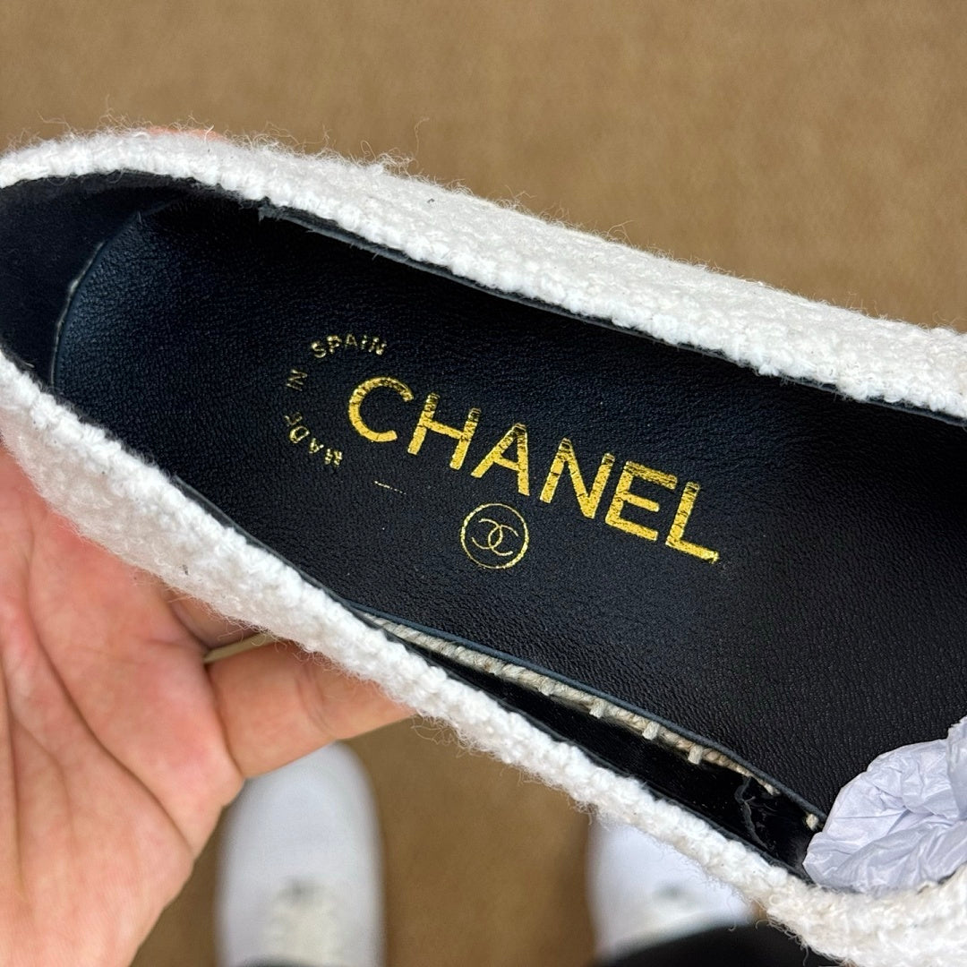 Chanel Espadrilles in White Tweed with Black Toe Cap and CC Logo