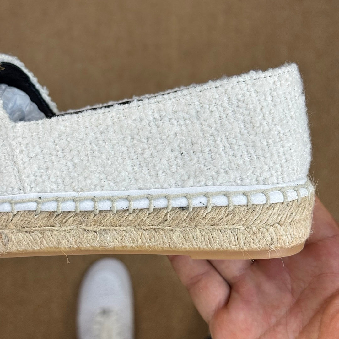 Chanel Espadrilles in White Tweed with Black Toe Cap and CC Logo