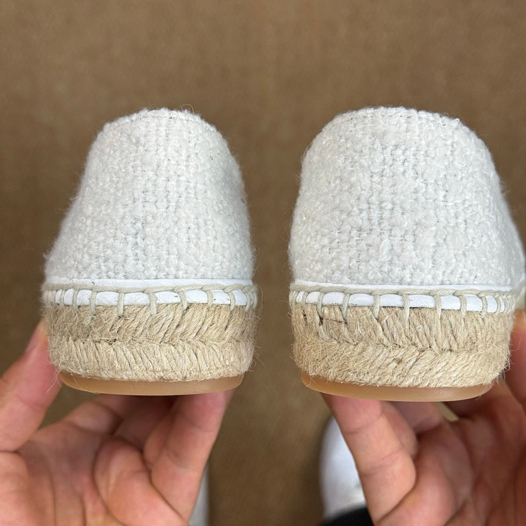 Chanel Espadrilles in White Tweed with Black Toe Cap and CC Logo