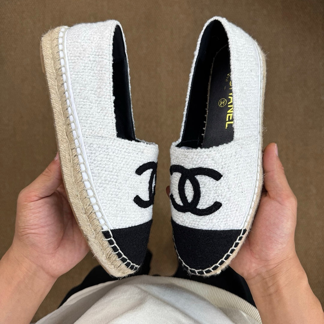 Chanel Espadrilles in White Tweed with Black Toe Cap and CC Logo