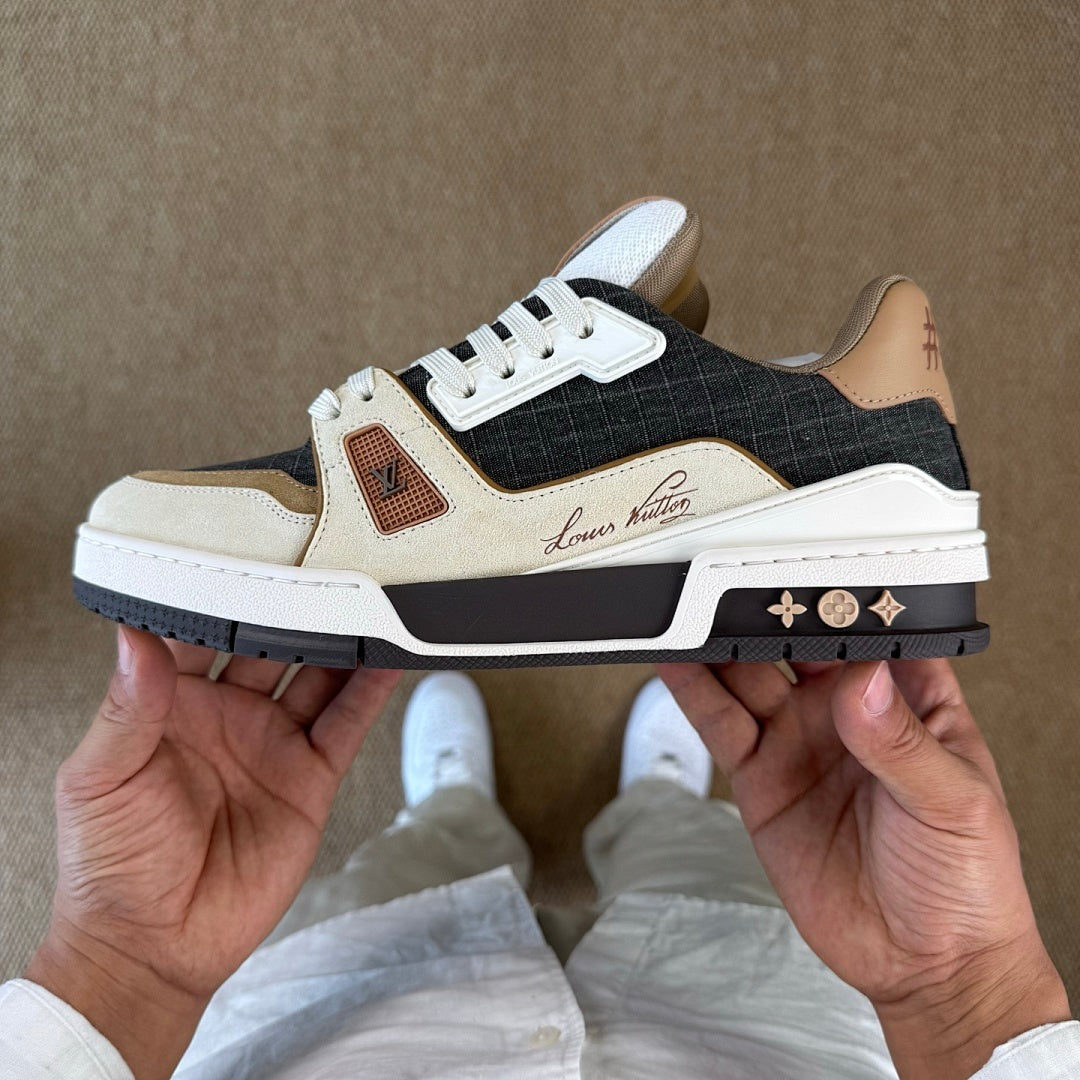 Louis Vuitton LV Trainer Sneaker Black Monogram Denim Beige Suede