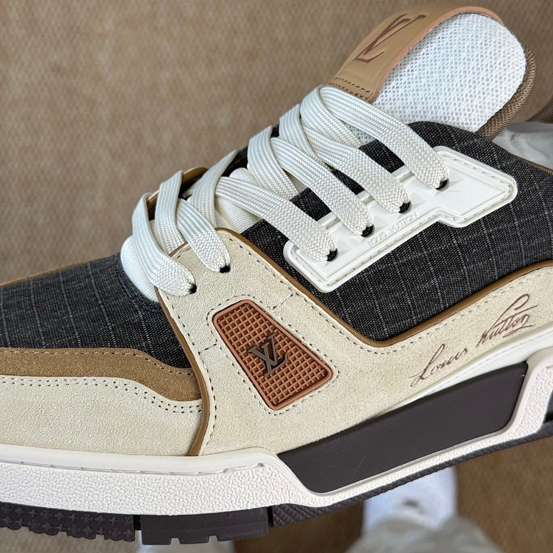 Louis Vuitton LV Trainer Sneaker Black Monogram Denim Beige Suede