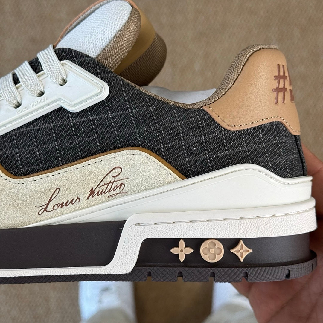 Louis Vuitton LV Trainer Sneaker Black Monogram Denim Beige Suede