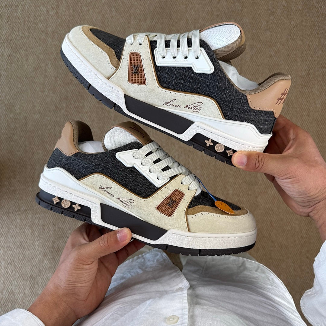 Louis Vuitton LV Trainer Sneaker Black Monogram Denim Beige Suede