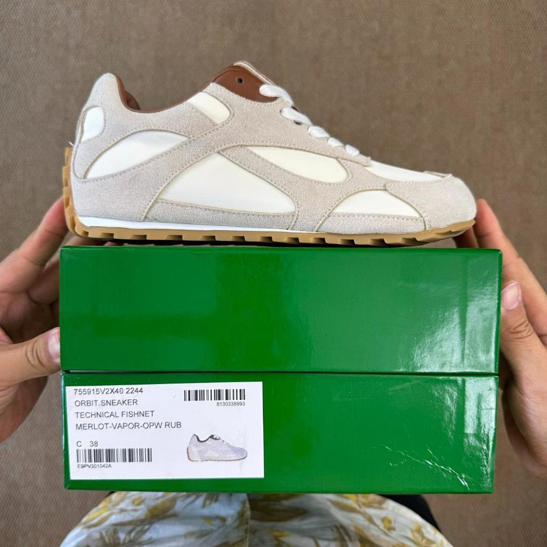 Unisex Cream Beige Suede Canvas Retro Runner Sneakers with Brown Leather Accents and Gum Sole