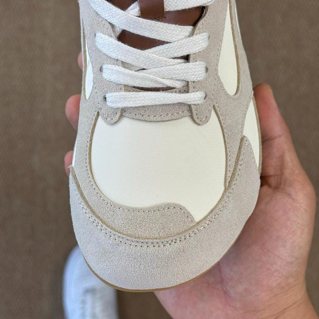 Unisex Cream Beige Suede Canvas Retro Runner Sneakers with Brown Leather Accents and Gum Sole