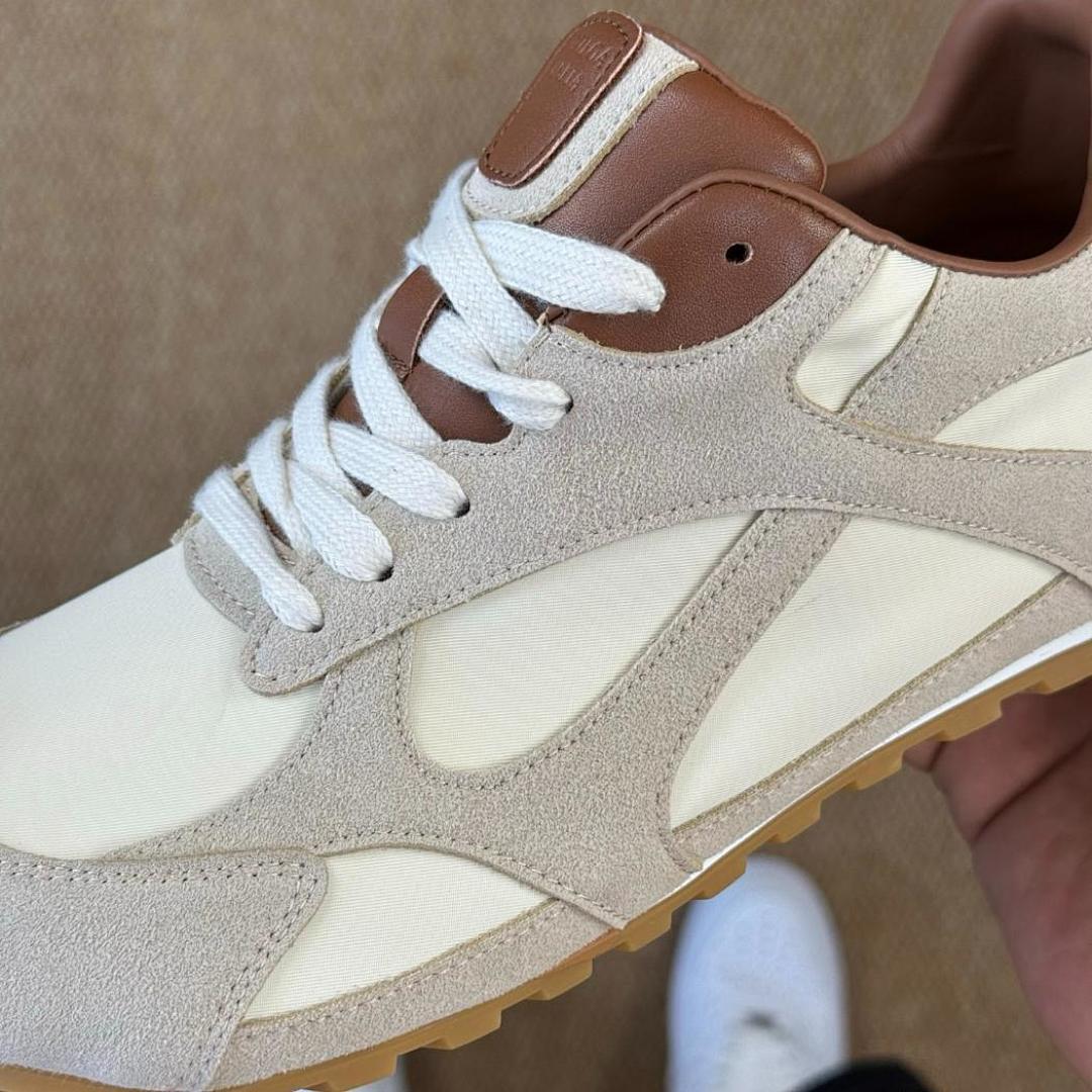 Unisex Cream Beige Suede Canvas Retro Runner Sneakers with Brown Leather Accents and Gum Sole