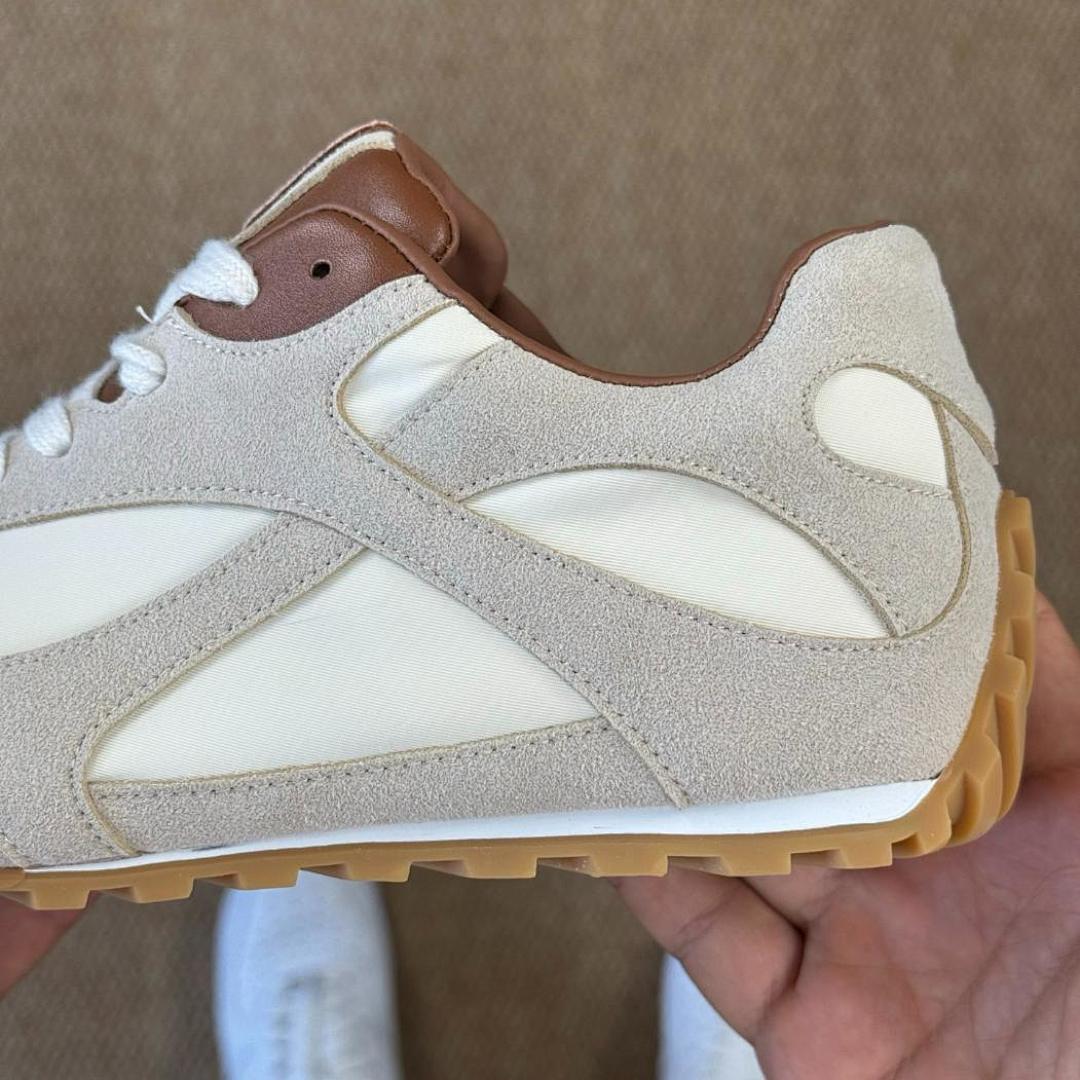 Unisex Cream Beige Suede Canvas Retro Runner Sneakers with Brown Leather Accents and Gum Sole