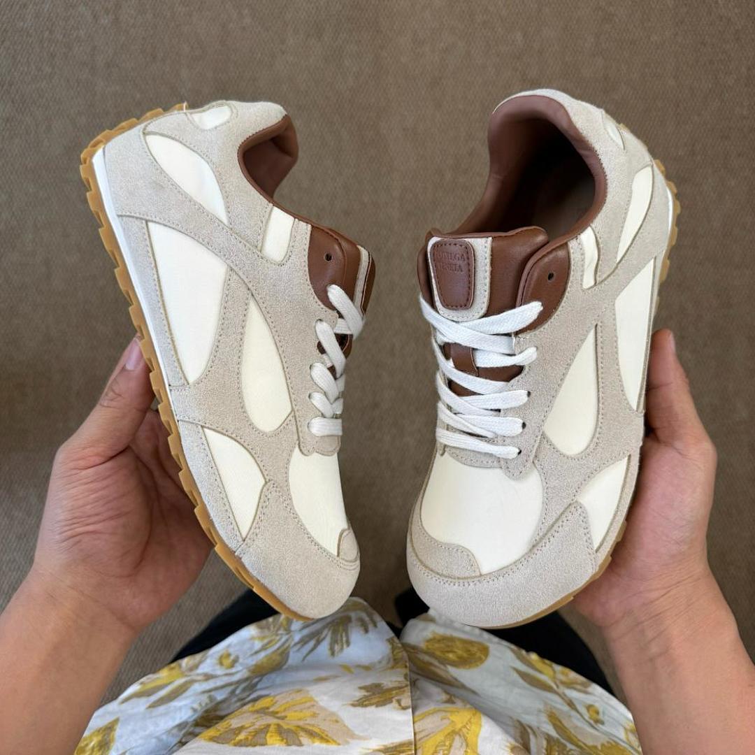 Unisex Cream Beige Suede Canvas Retro Runner Sneakers with Brown Leather Accents and Gum Sole