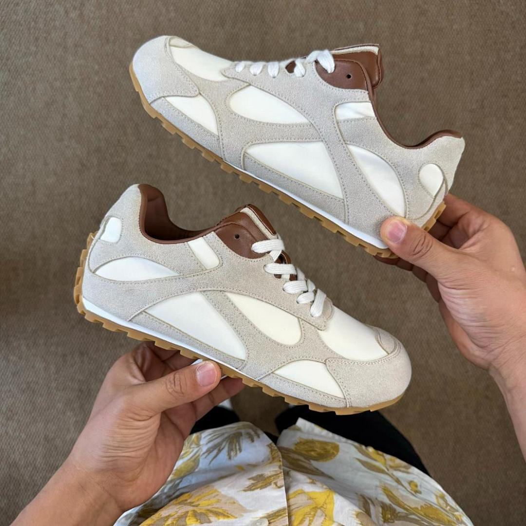 Unisex Cream Beige Suede Canvas Retro Runner Sneakers with Brown Leather Accents and Gum Sole