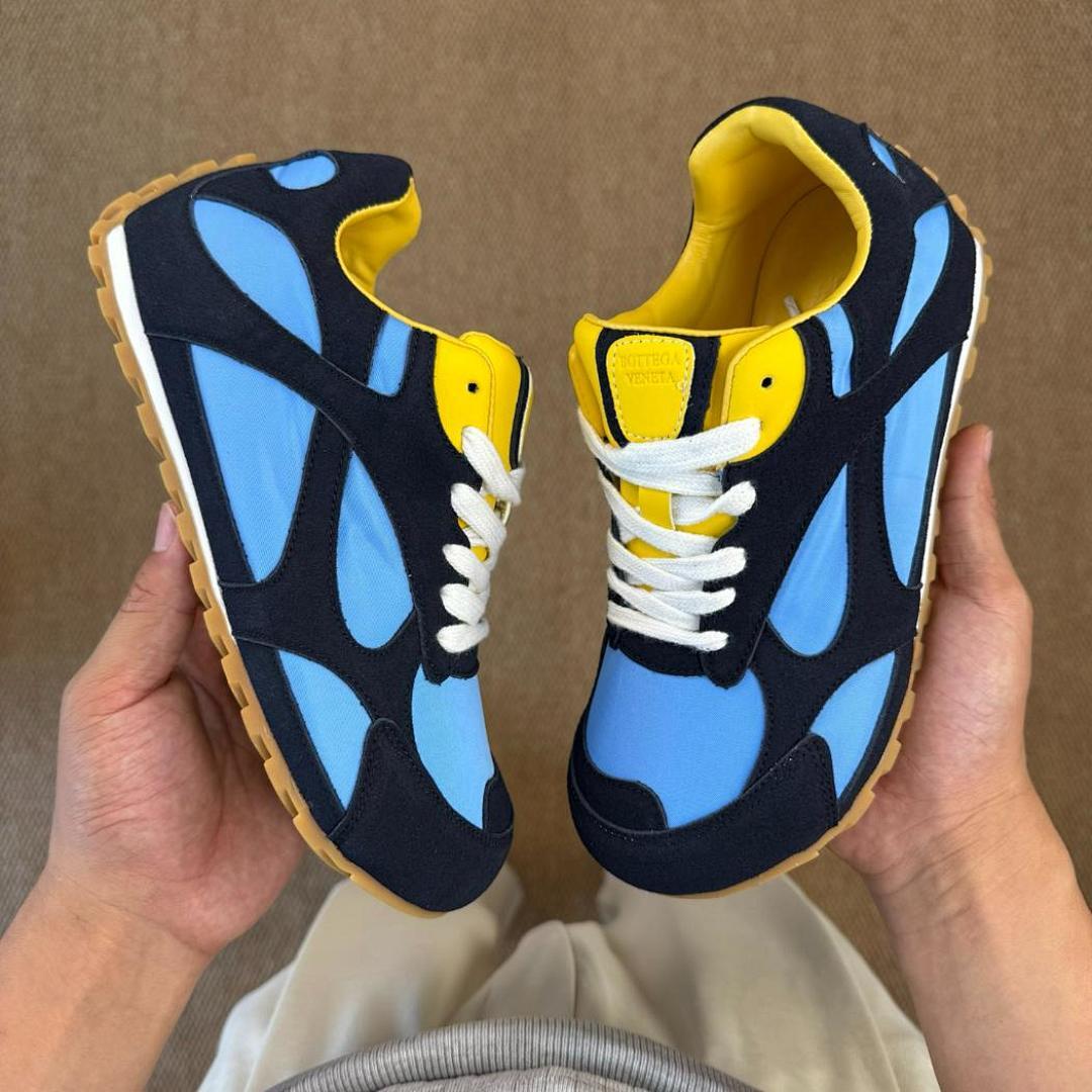Visvim Roland Jogger Navy Light Blue Yellow Suede Textile Sneakers