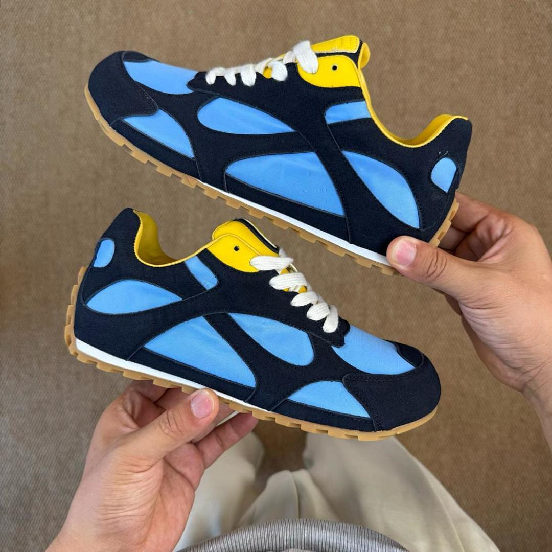 Visvim Roland Jogger Navy Light Blue Yellow Suede Textile Sneakers
