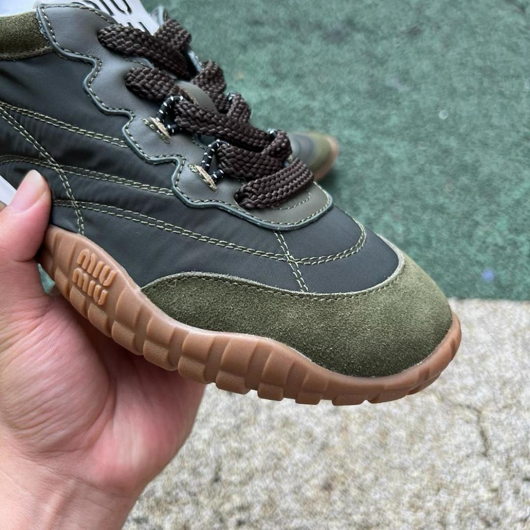 Miu Miu Nylon and Suede Runner Sneakers Khaki Green
