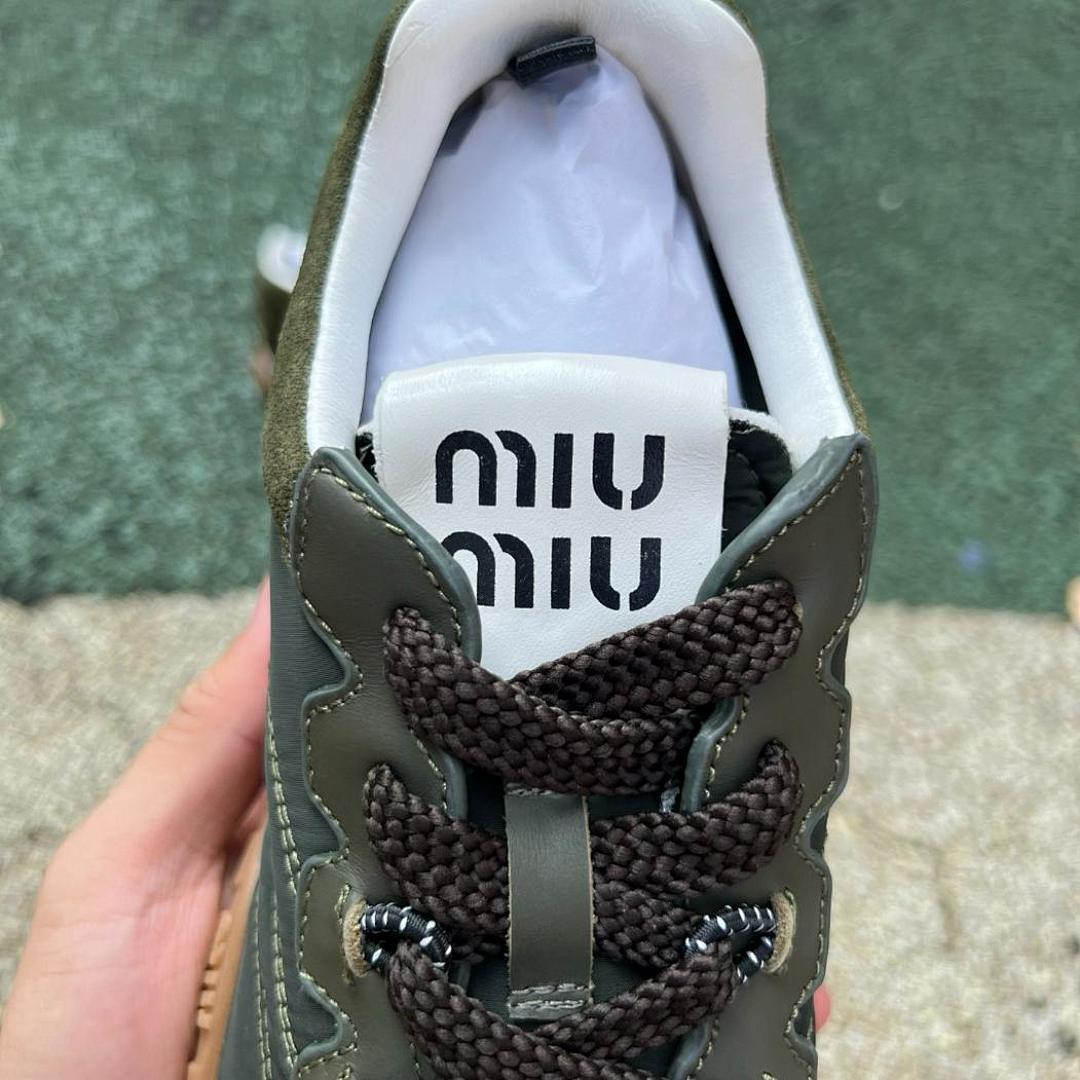Miu Miu Nylon and Suede Runner Sneakers Khaki Green