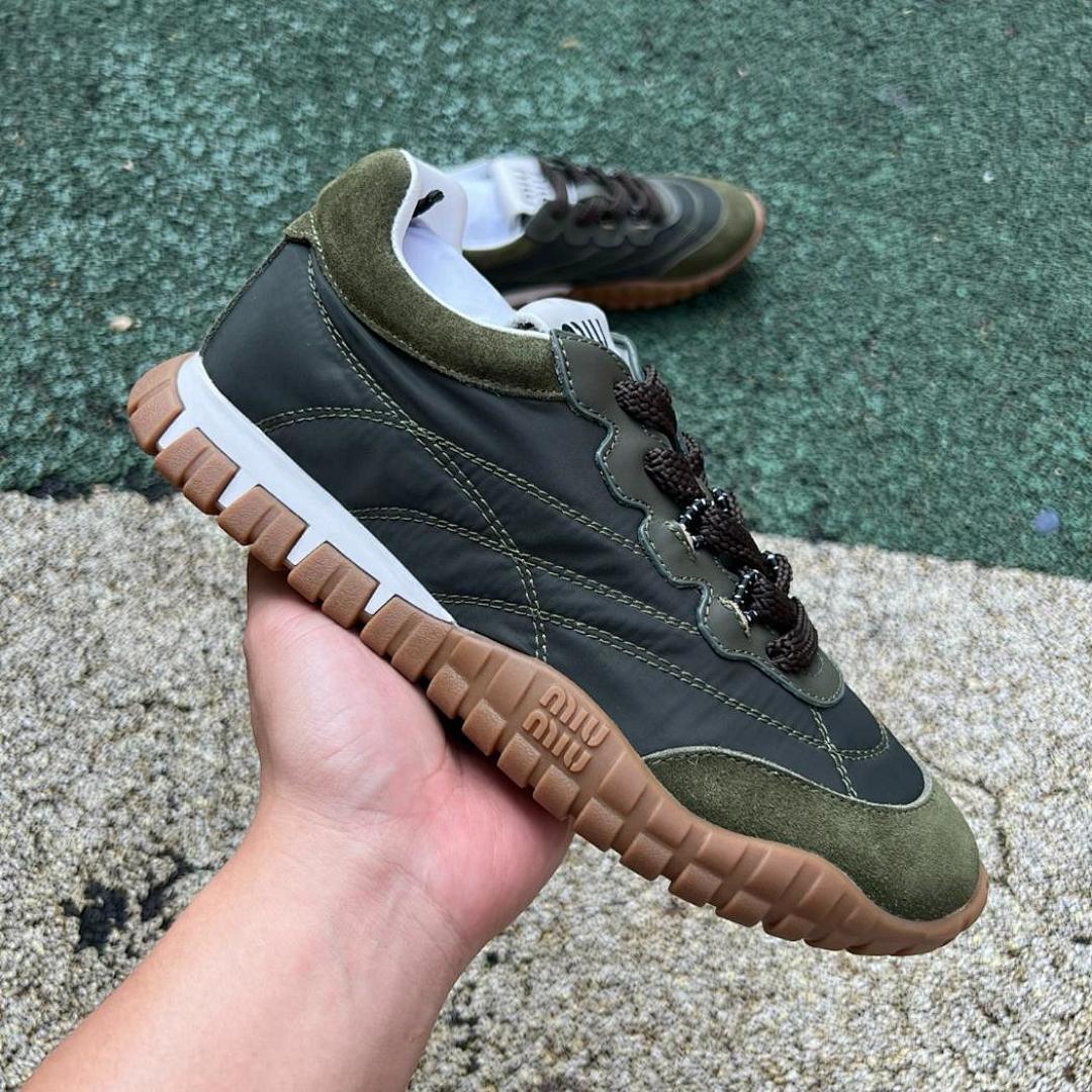 Miu Miu Nylon and Suede Runner Sneakers Khaki Green