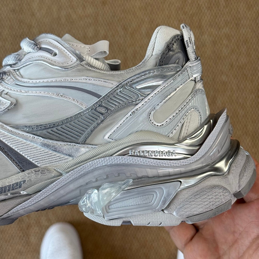 Balenciaga Runner Sneaker White Silver Distressed 677403 W3CP2