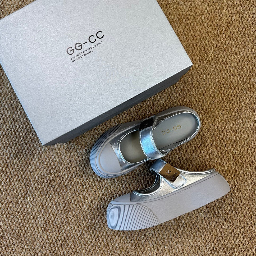 GCDS Metallic Silver Mary Jane Platform Mules