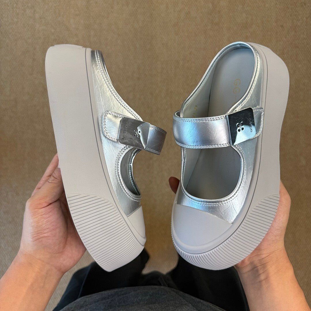 GCDS Metallic Silver Mary Jane Platform Mules