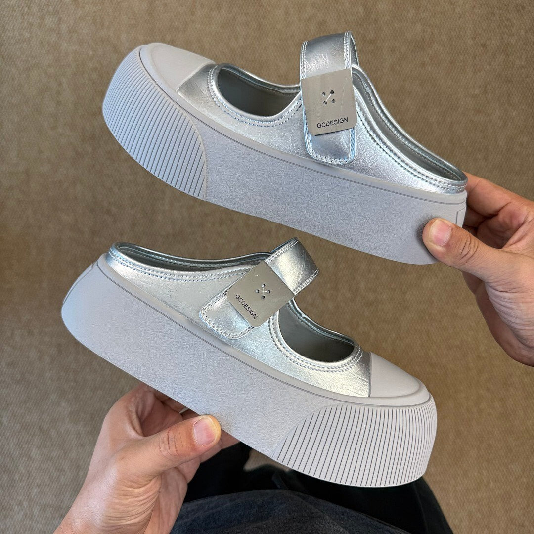GCDS Metallic Silver Mary Jane Platform Mules