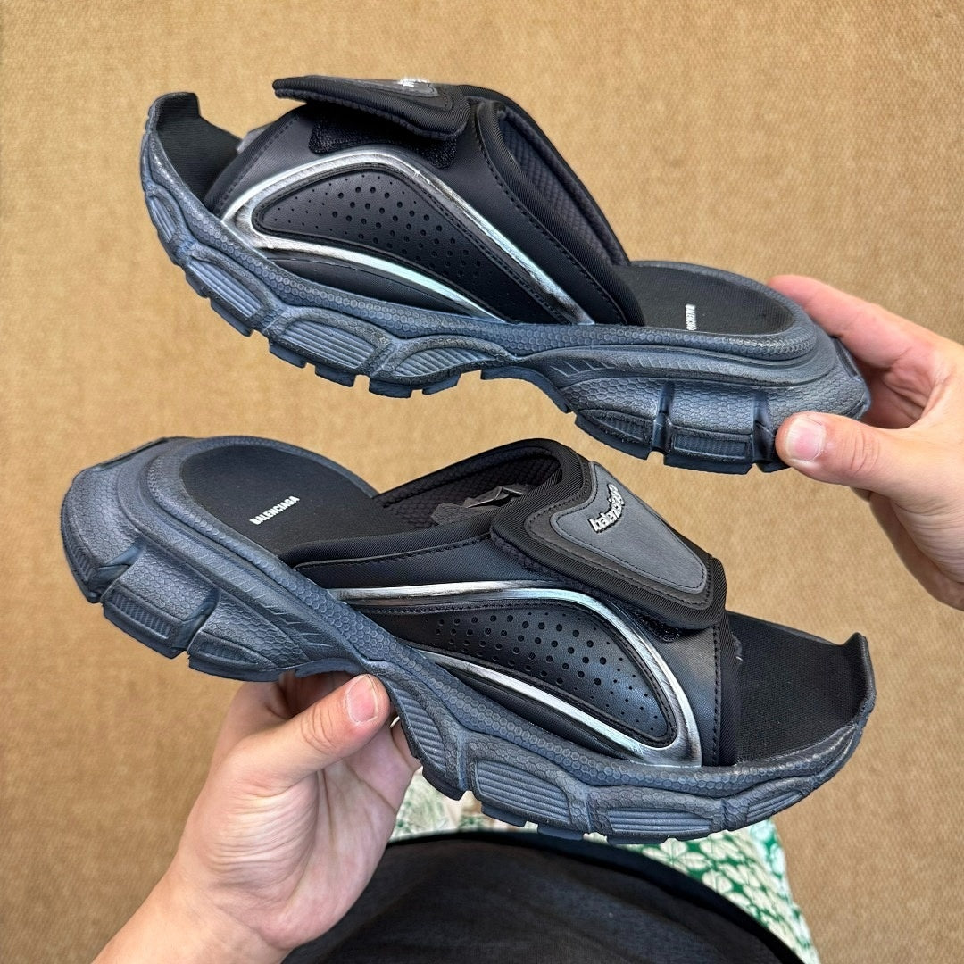 Balenciaga Track Slide Sandals Black Silver 697960 W3DP3 1000