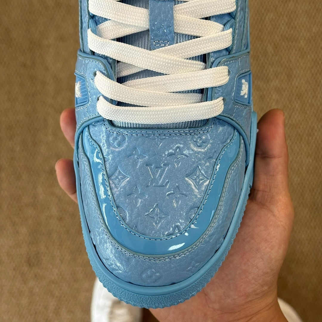 Louis Vuitton LV Trainer Sneaker Monogram Embossed Calfskin Light Blue 1A9Z6L