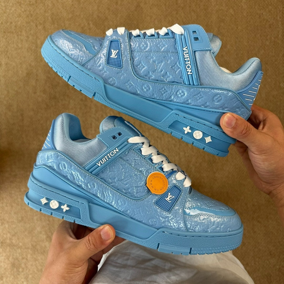 Louis Vuitton LV Trainer Sneaker Monogram Embossed Calfskin Light Blue 1A9Z6L