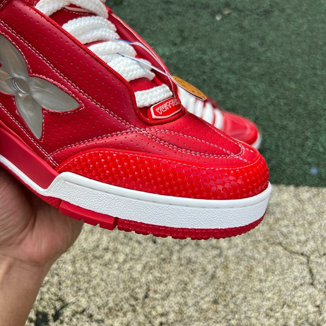 Louis Vuitton LV Trainer Sneaker Red Metallic Monogram Flower